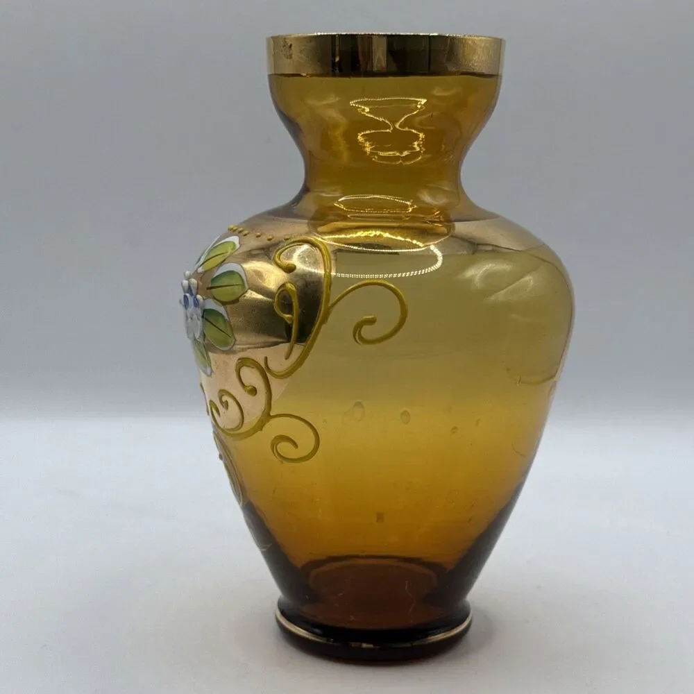 Vase Nasco Amber Glass Hand Painted Raised Enamel Flowers Gilt 6.25” - Picture 5 of 9